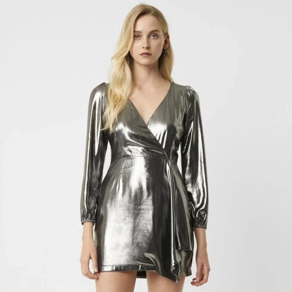French Connection Metallic Drape Wrap Dress - Picture 3 of 5
